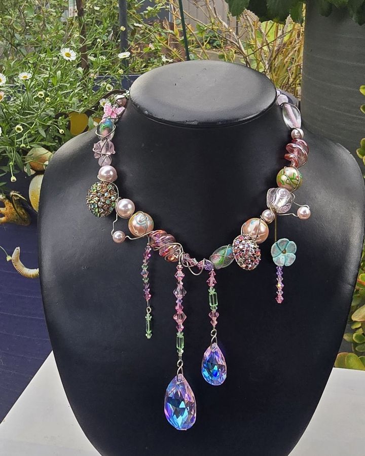 Spring has Sprung with pink pearls, glass beads and crystal teardrops